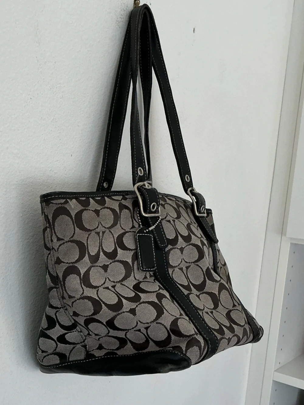 Coach Signature Canvas Tote Bag Brown Black Leather Trim Style 6042 - Picture 3 of 15